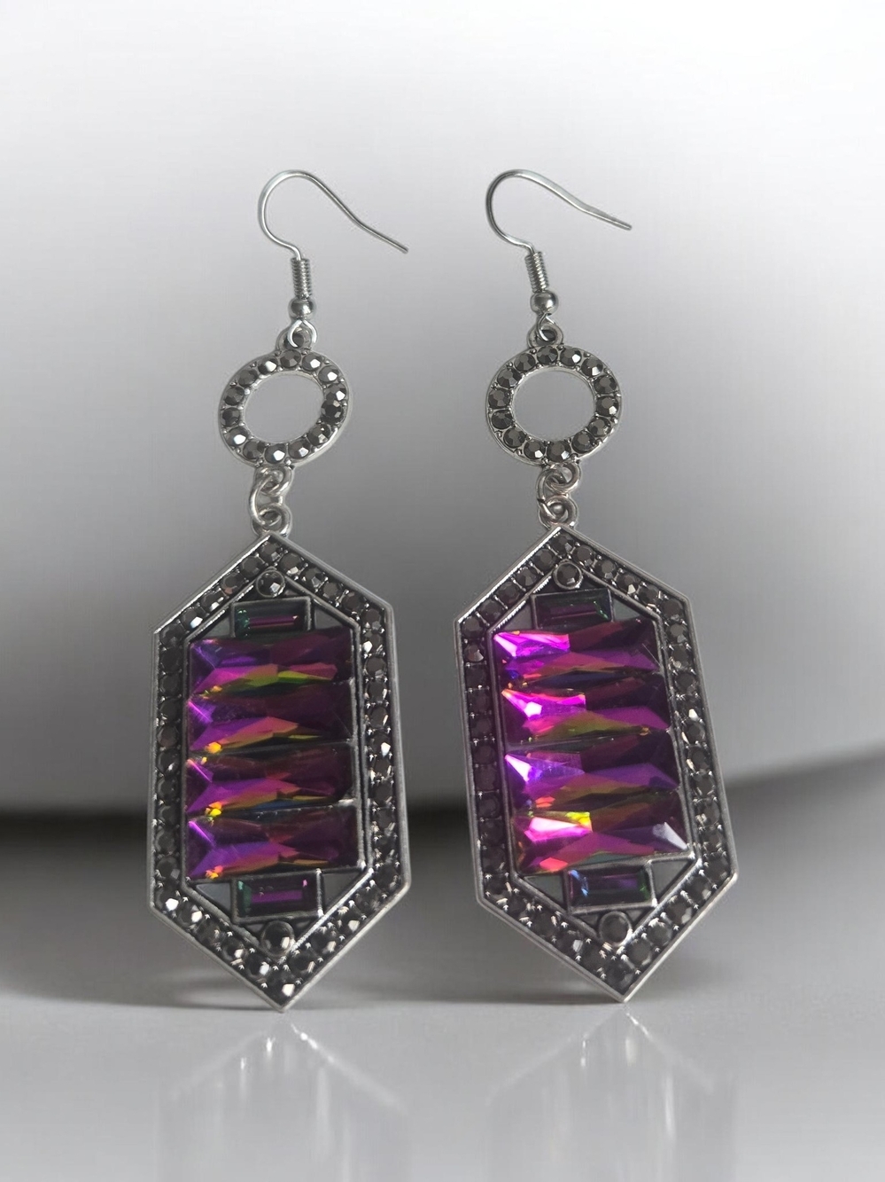 Silver-Tone Purple Crystal Drop Earrings